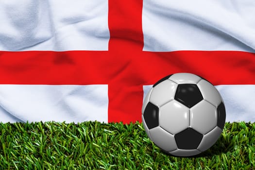 3D rendered soccer ball in grass field with England flag as Background