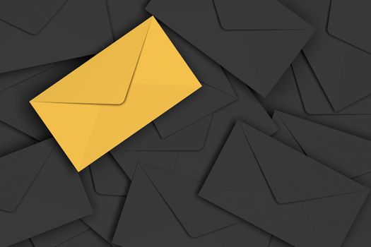 3D rendering of VIP golden envelope on pile of black envelopes background.
