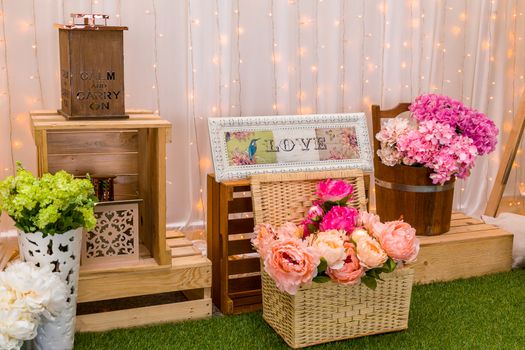 Lovely decoration of romantic wedding ceremony party.