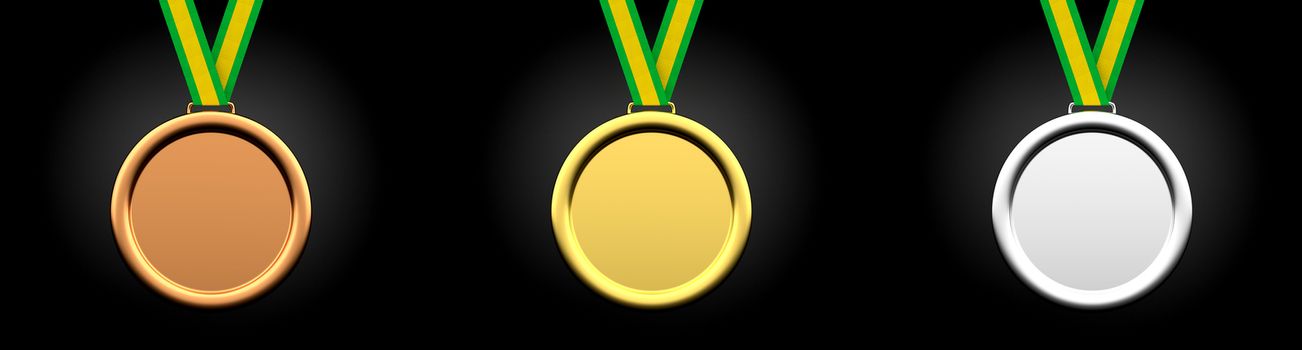 3D rendering of blank gold, silver, and bronze medals isolated on black.
