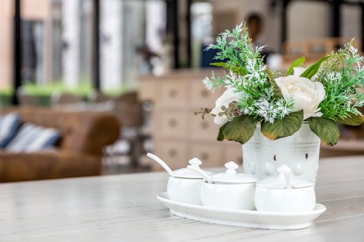 White table setting in restaurant or cafe.