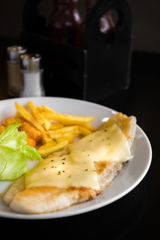 Grilled fish steak with vegetable salad and fries.