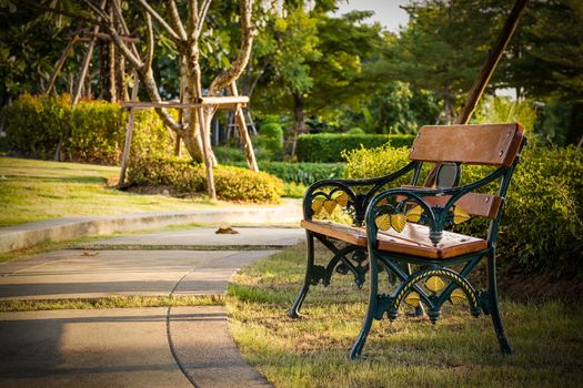 Wooden bench in park in evening at sunset.