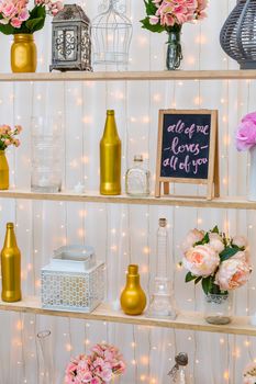 Lovely decoration of romantic wedding ceremony party.