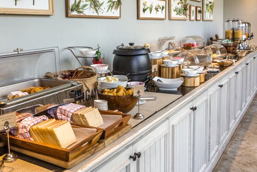 Breakfast buffet setup in hotel in HDR.