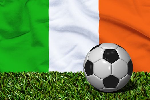 3D rendered soccer ball in grass field with Ireland flag as Background