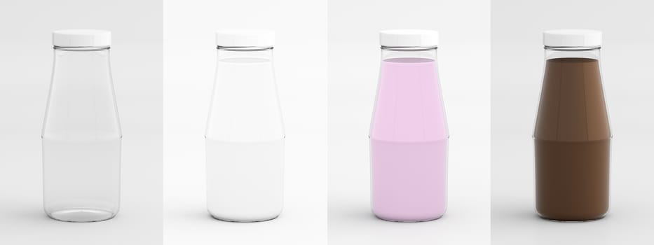 3D rendering of empty glass bottle for milk, fresh milk, strawberry milk and chocolate milk isolated on white.