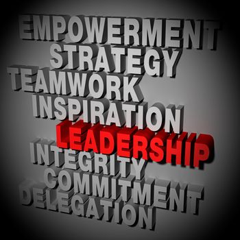 Leadership word business concept illustrated by 3D rendered texts.