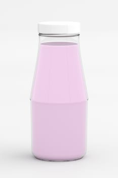3D rendering of strawberry milk in glass bottle isolated on white.