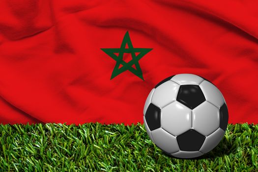 3D rendered soccer ball in grass field with Morocco flag as Background