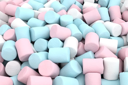 3D rendering of colorful marshmallow pile background.