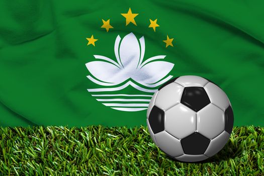 3D rendered soccer ball in grass field with Macau flag as Background