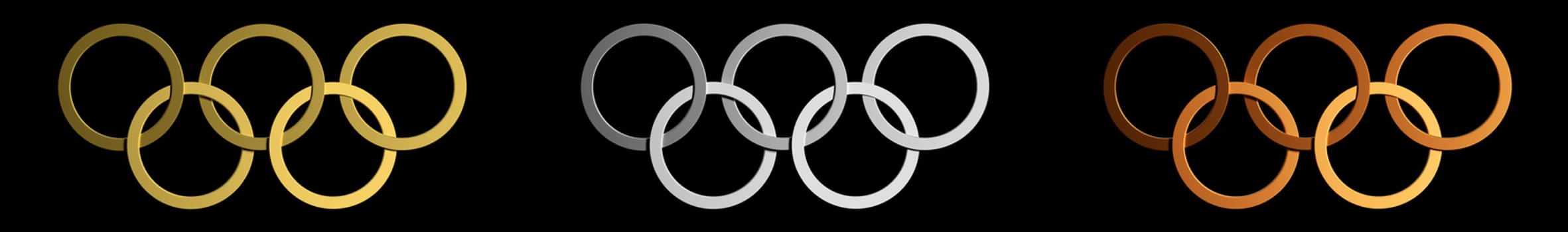 3D rendering of Olympic Rings in gold, silver, and bronze isolated on black.