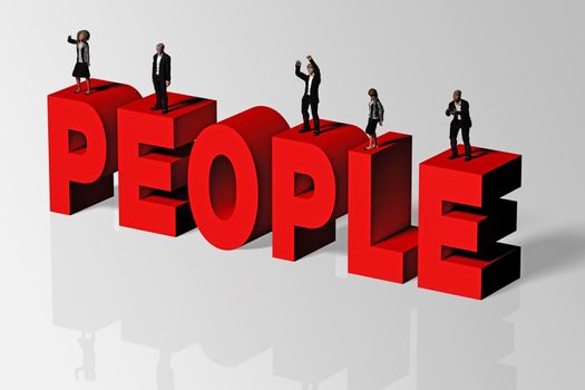 People word and group of people conveying business concept of teamwork, 3D rendering.