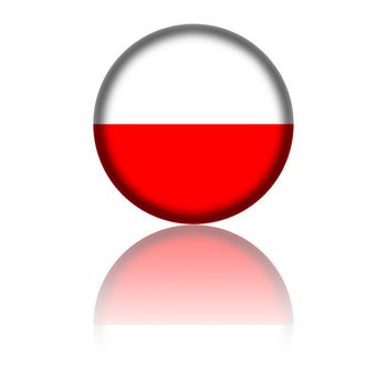 3D sphere or badge of Poland flag with reflection at bottom.