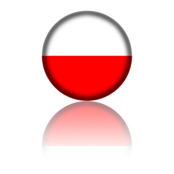 3D sphere or badge of Poland flag with reflection at bottom.