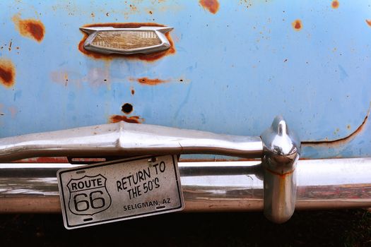 Seligman, Arizona, Usa Ð July 24, 2017: Rusty abandoned Chevrolet car in Seligman, Arizona. Return to the 50.