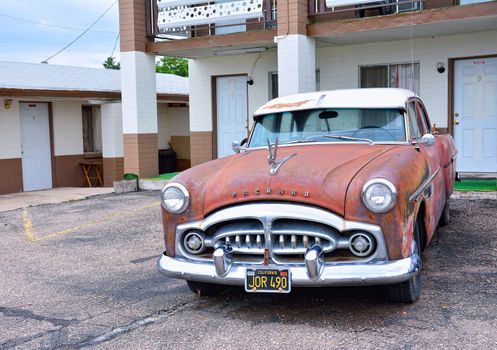 Seligman, Arizona, Usa Ð July 24, 2017: Rusty abandoned Packard car in Seligman, Arizona.