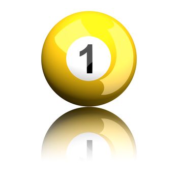 3D rendering pool ball or billiard ball number 1 isolated on white.