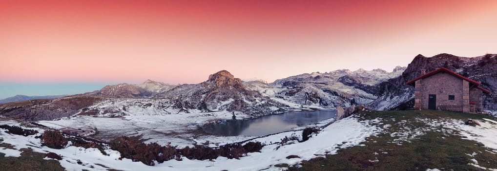 Panoramic view of Lake Ercina with snow in Asturias, Spain.