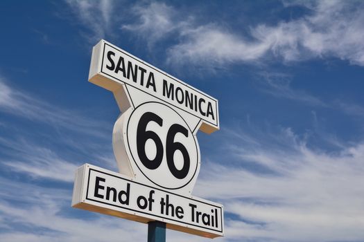 Route 66 highway sign at the end of Route 66 in Santa Monica, California