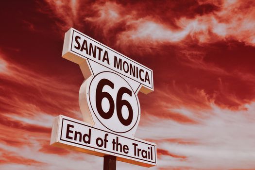 Route 66 highway sign at the end of Route 66 in Santa Monica, California