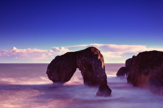 Sunrise in Castro de las Gaviotas. Coastal landscape in Asturias, Spain