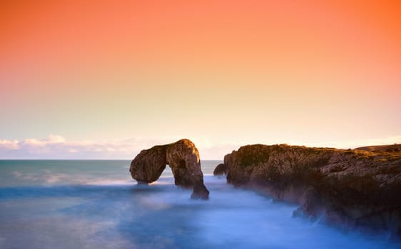 Sunrise in Castro de las Gaviotas. Coastal landscape in Asturias, Spain