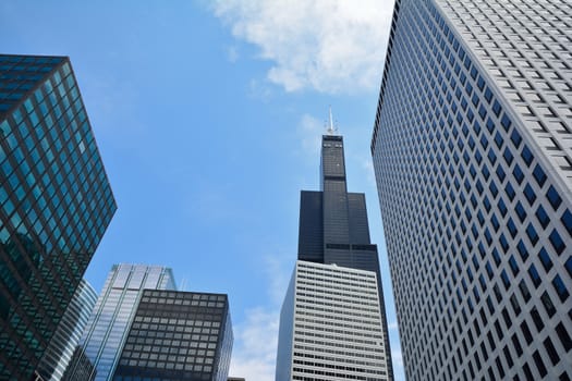 Detail of modern skyscrapers in Chicago, Illinois, USA.