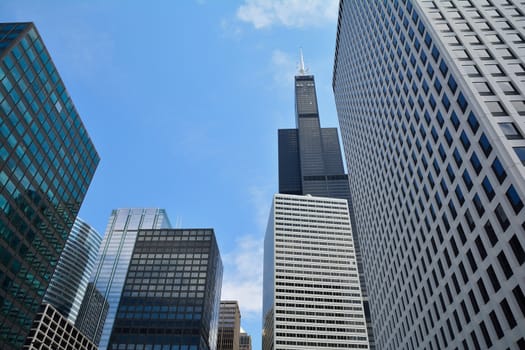 Detail of modern skyscrapers in Chicago, Illinois, USA.