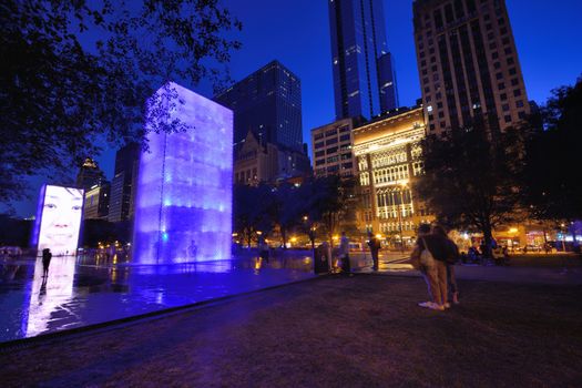 CHICAGO, USA - JULY 15 : View of the Crown Fountain in Millennium Park in Chicago on July 15, 2017. The fountain is interactive work of public art and video sculpture designed by Jaume Plensa