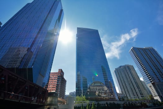 Detail of modern skyscrapers in Chicago, Illinois, USA.