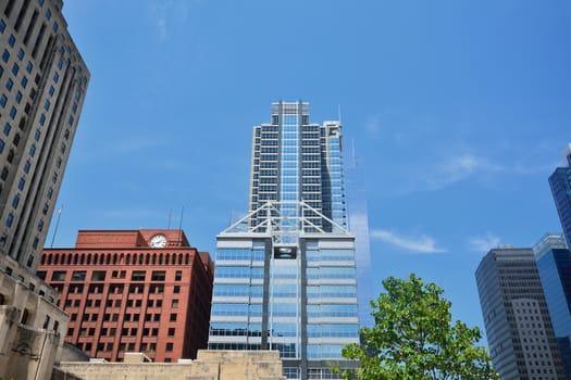 Detail of modern skyscrapers in Chicago, Illinois, USA.