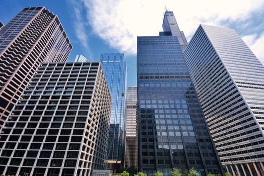 Detail of modern skyscrapers in Chicago, Illinois, USA.