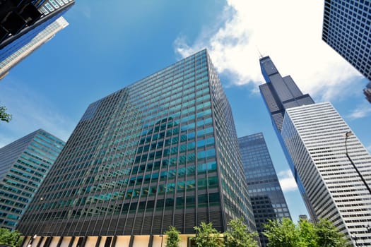 Detail of modern skyscrapers in Chicago, Illinois, USA.