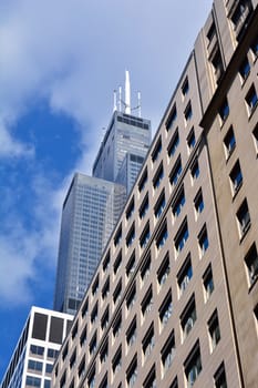 Detail of modern skyscrapers in Chicago, Illinois, USA.