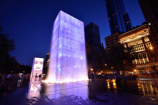 CHICAGO, USA - JULY 15 : View of the Crown Fountain in Millennium Park in Chicago on July 15, 2017. The fountain is interactive work of public art and video sculpture designed by Jaume Plensa