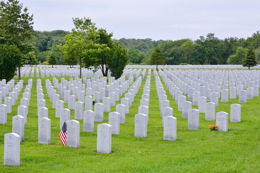 ELWOOD, ILLINOIS/USA - JULY 16: A small American flag honors the gravesite of a World War II veterans and Vietnam veterans at Abraham Lincoln National Cemetery on July 16, 2017 in Elwood, Illinois.