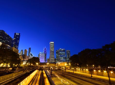 Silhouette Chicago skyline from the railroad tracks.