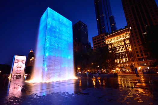 CHICAGO, USA - JULY 15 : View of the Crown Fountain in Millennium Park in Chicago on July 15, 2017. The fountain is interactive work of public art and video sculpture designed by Jaume Plensa