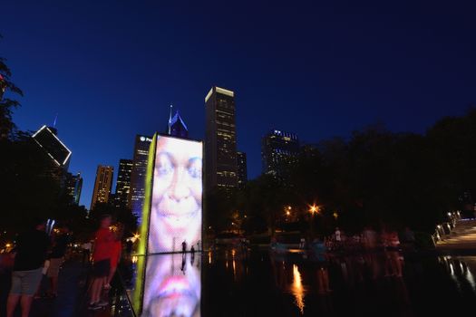 CHICAGO, USA - JULY 15 : View of the Crown Fountain in Millennium Park in Chicago on July 15, 2017. The fountain is interactive work of public art and video sculpture designed by Jaume Plensa