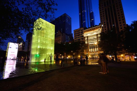 CHICAGO, USA - JULY 15 : View of the Crown Fountain in Millennium Park in Chicago on July 15, 2017. The fountain is interactive work of public art and video sculpture designed by Jaume Plensa