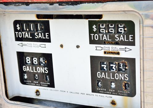 Old rusty american gas pump panel, displaying the price in dollars and filling amount in gallons
