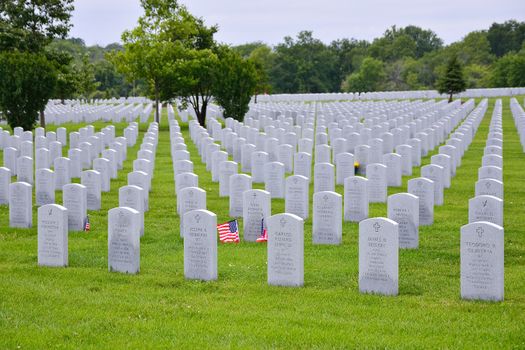 ELWOOD, ILLINOIS/USA - JULY 16: Two smalls American flags honors the gravesite of a World War II veterans and Vietnam veterans at Abraham Lincoln National Cemetery on July 16, 2017 in Elwood, Illinois.
