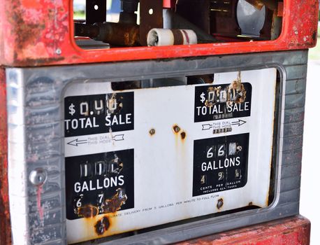 Old rusty american gas pump panel, displaying the price in dollars and filling amount in gallons