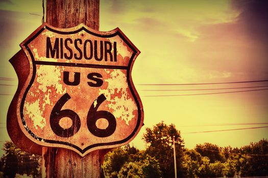 Historic route 66 highway sign in Missouri, USA.