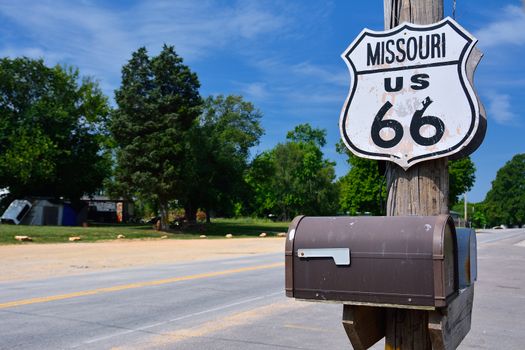 Historic route 66 highway sign in Missouri, USA.