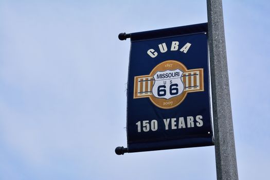 Cuba, Missouri - July 18, 2017: Sign of the celebration of the 150th anniversary of the founding of the city. Cuba was platted in 1857 when it was certain the railroad would be extended to that point.