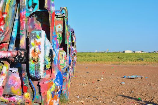 Amarillo, Texas - July 21, 2017 : Cadillac Ranch in Amarillo. Cadillac Ranch is a public art installation of old car wrecks and a popular landmark on historic Route 66