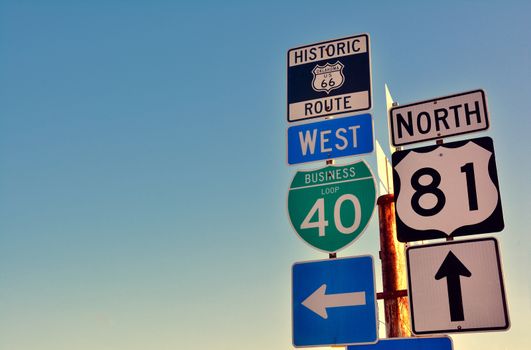 Route 66 road signs on Oklahoma, US.